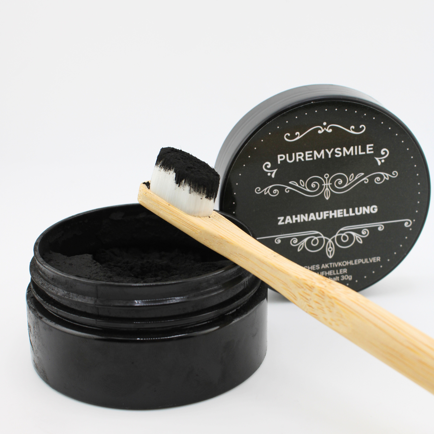 Puremysmile Bambuszahnbürste mit weißen Borsten Und Puremysmile Aktivkohlepulver