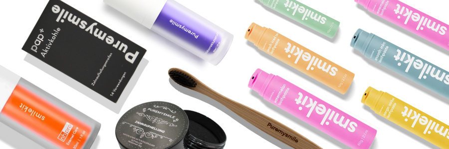 Puremysmile Produkte im Katalog. Geschmackliche Zahnpasta, Farbkorrekturserum, Bambuszahnbürste, Aktivkohlepulver, Aktivkohlezahnstreifen