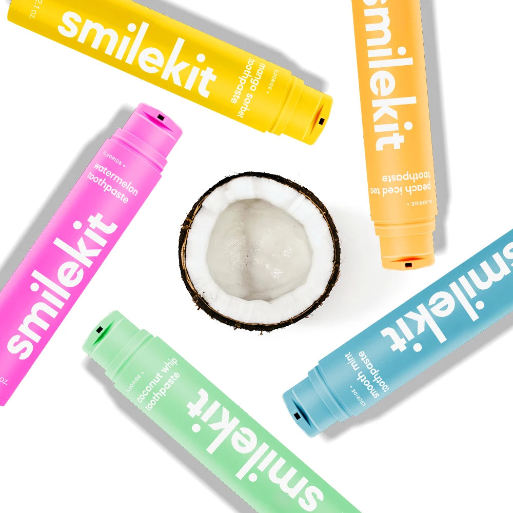Puremysmile Geschmackliche Zahnpasten von Smilekit in den Geschmäckern Minze, Kokosnuss, Wassermelone, Mango, Pfirsich Eistee