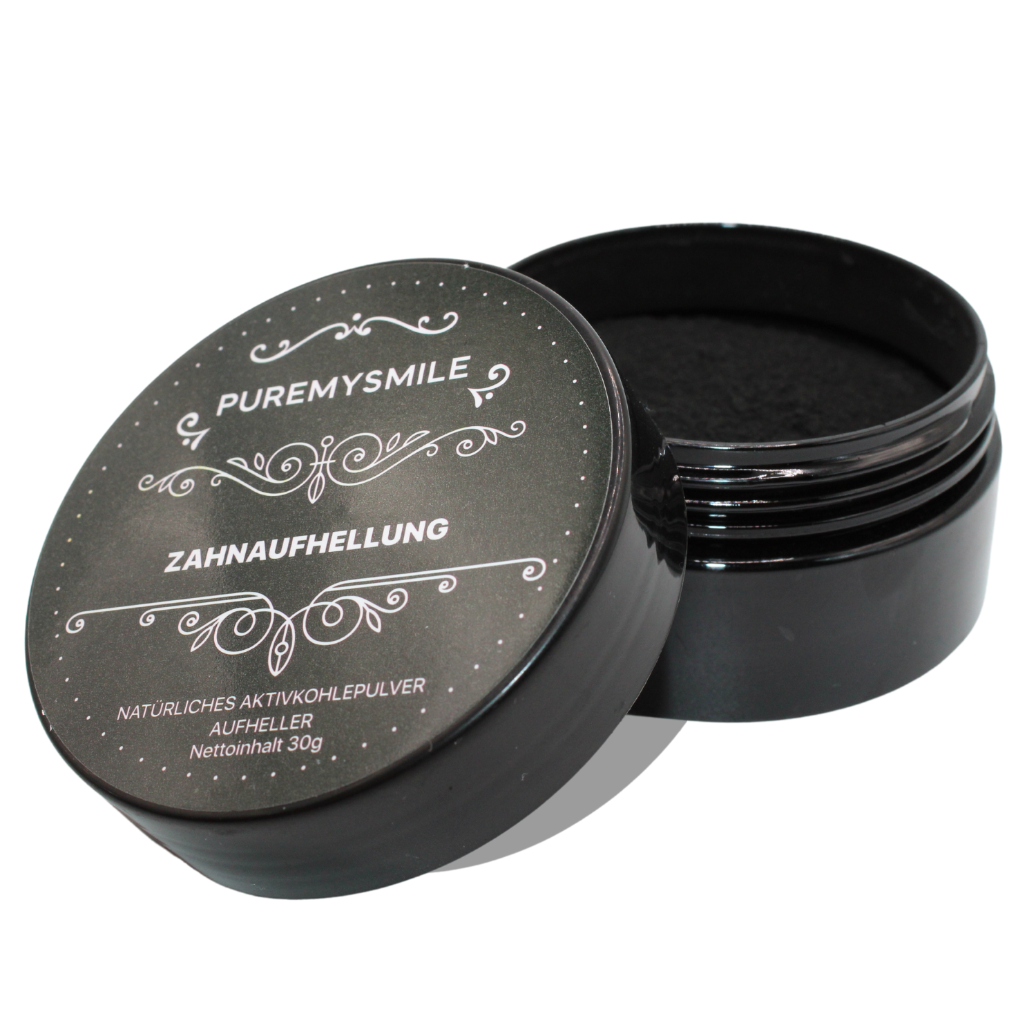 Puremysmile Aktivkohlepulver zum kosmetischen Aufhellen der Zähne. Hierbei ein Bild vom offenen Tiegel