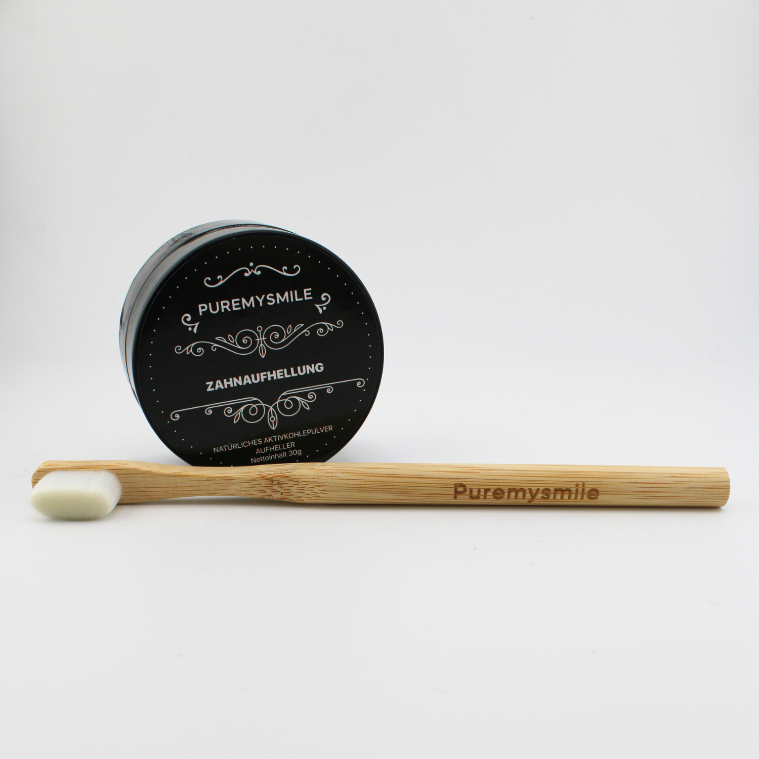 Puremysmile Bambuszahnbürste mit weißen Borsten Und Puremysmile Aktivkohlepulver