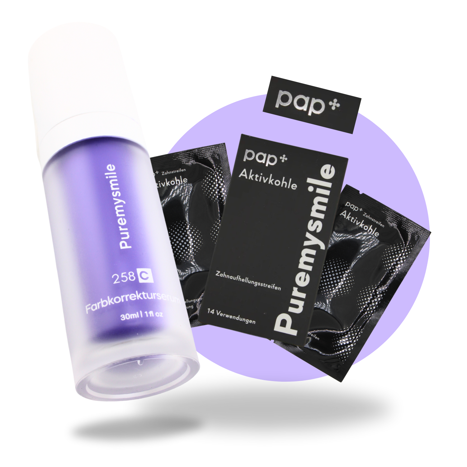 Puremysmile Farbkorrekturserum und Aktivkohle PAP+ Zahnstreifen
